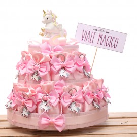 Bomboniere Nascita Portachiavi Unicorno Rainbow Rosa Bimba in Torta 25 Sacchetti