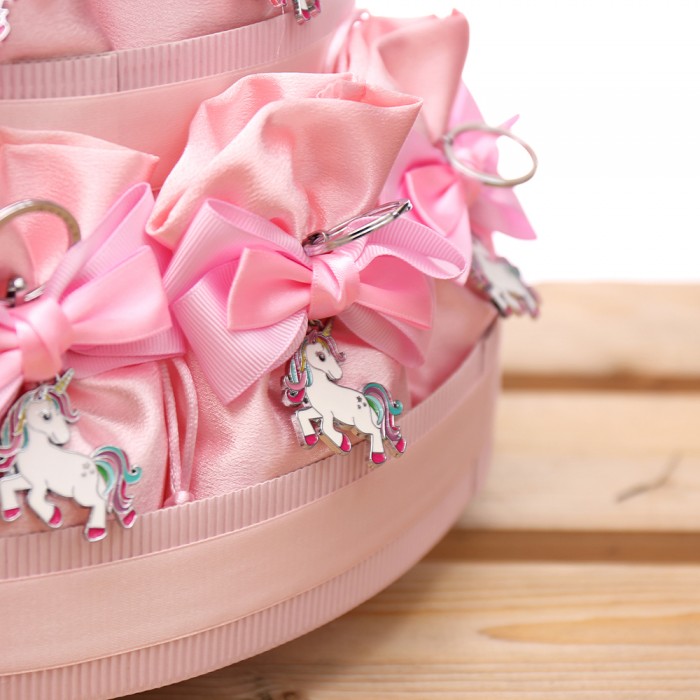 Bomboniere Nascita Portachiavi Unicorno Rainbow Rosa Bimba in Torta 25 Sacchetti