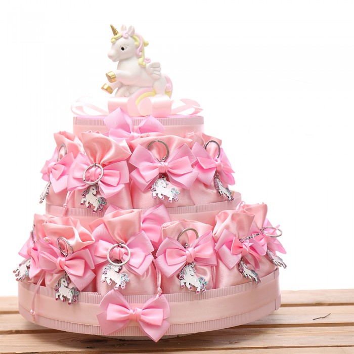 Bomboniere Nascita Portachiavi Unicorno Rainbow Rosa Bimba in Torta 25 Sacchetti