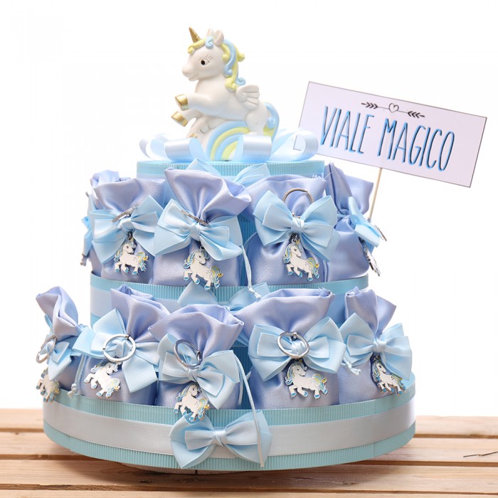 Bomboniere Nascita Portachiavi Unicorno Rainbow Bimbo in Torta Sacchetti