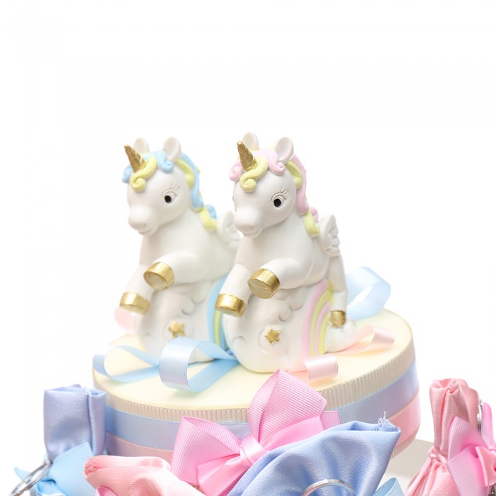 Bomboniere Nascita Portachiavi Unicorni Rainbow Gemelli Bimbo e Bimba in Torta 25 Sacchetti