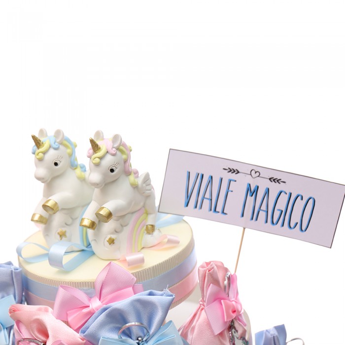 Bomboniere Nascita Portachiavi Unicorni Rainbow Gemelli Bimbo e Bimba in Torta 25 Sacchetti