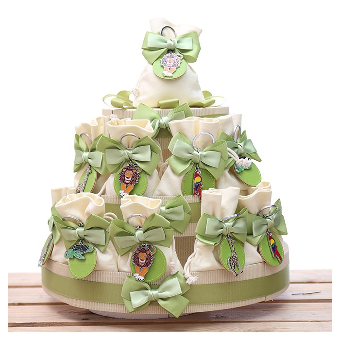 Torta Bomboniere 25 Sacchetti Compleanno Portachiavi Animali della Savana con Cerchietto di Pelle