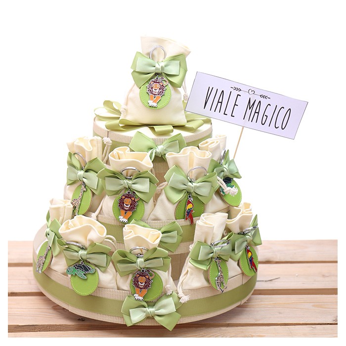 Torta Bomboniere 25 Sacchetti Compleanno Portachiavi Animali della Savana con Cerchietto di Pelle