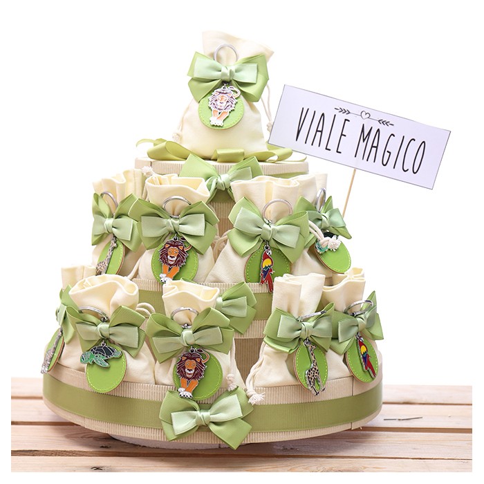 Torta Bomboniere 25 Sacchetti Compleanno Portachiavi Animali della Savana con Cerchietto di Pelle