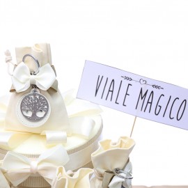 Bomboniere Albero della Vita su Cerchietto Pelle Bianca Torta da 25 Sacchetti