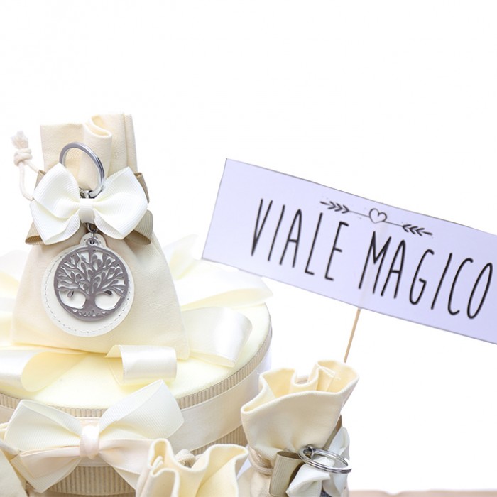 Bomboniere Albero della Vita su Cerchietto Pelle Bianca Torta da 25 Sacchetti