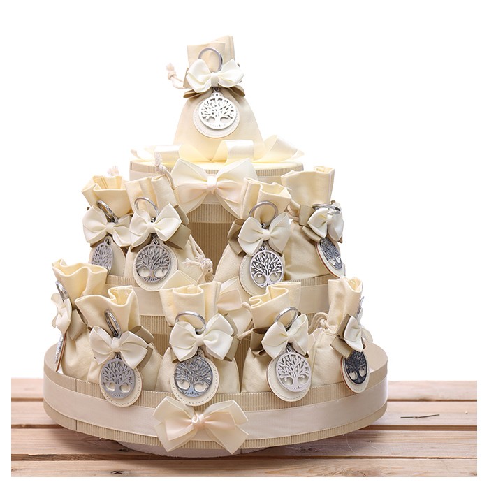 Bomboniere Albero della Vita su Cerchietto Pelle Bianca Torta da 25 Sacchetti