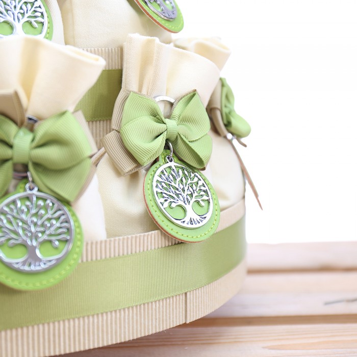 Bomboniere Albero della Vita su Cerchietto Pelle Verde Torta da 25 Sacchetti