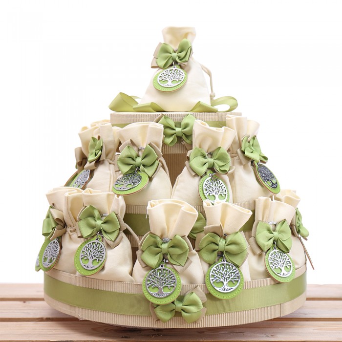 Bomboniere Albero della Vita su Cerchietto Pelle Verde Torta da 25 Sacchetti