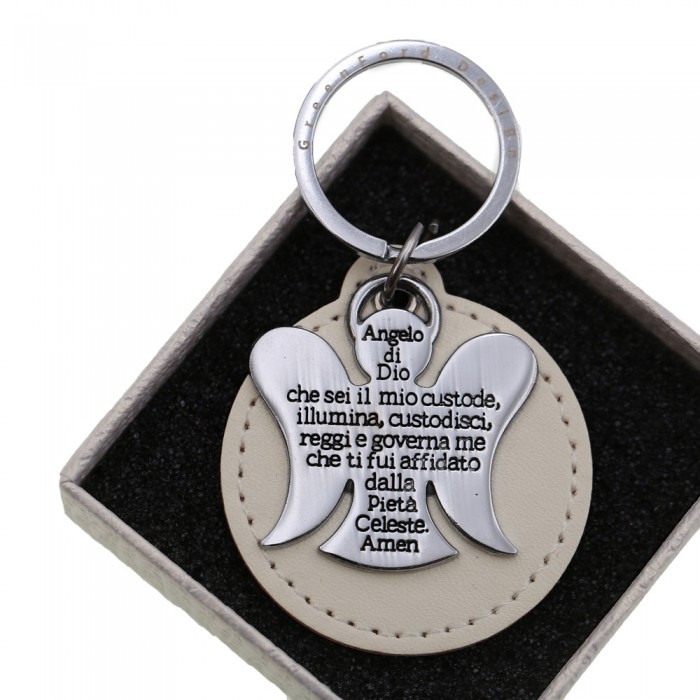 Angelo Custode Portachiavi con Preghiera Regalo Elegante Accessorio con Cerchio in Ecopelle