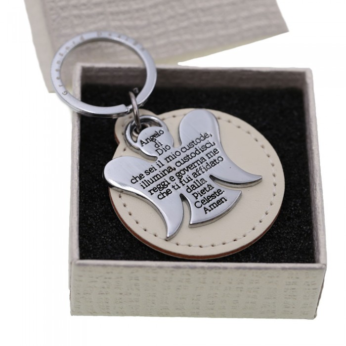 Angelo Custode Portachiavi con Preghiera Regalo Elegante Accessorio con Cerchio in Ecopelle