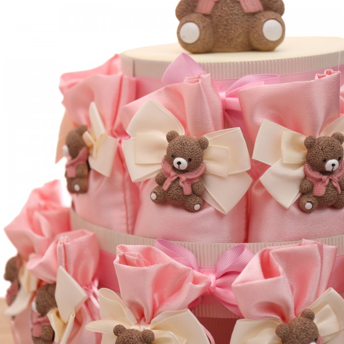 Bomboniere battesimo Bimba Orsetto Morbidoso su sacchetto Nascita di raso rosa - vialemagico