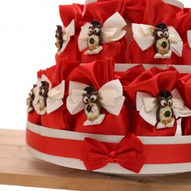 Torta Sacchetti in raso rosso con Gufetti Portafortuna Laurea