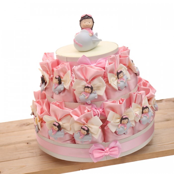 Torta 25 Sacchetti in raso con calamita Bimba in Aereo Bomboniere Compleanno