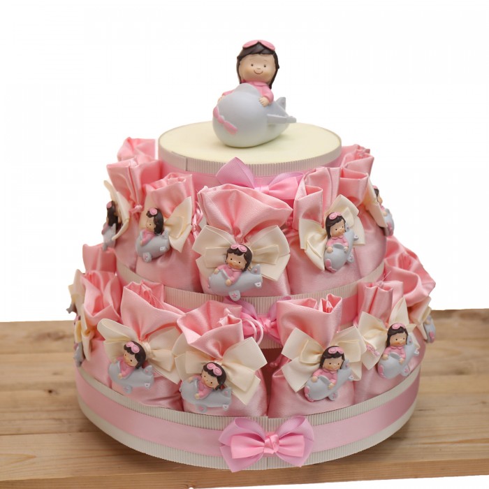 Torta 25 Sacchetti in raso con calamita Bimba in Aereo Bomboniere Compleanno