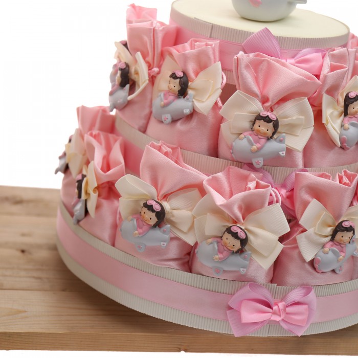 Torta 25 Sacchetti in raso con calamita Bimba in Aereo Bomboniere Compleanno