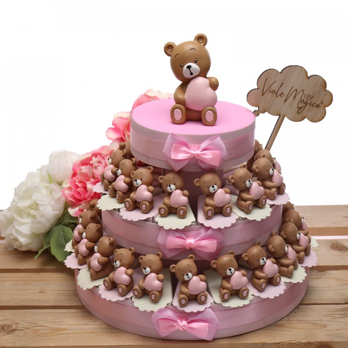Bomboniere Nascita Dolce Orsetta con Cuore Rosa Su Torta