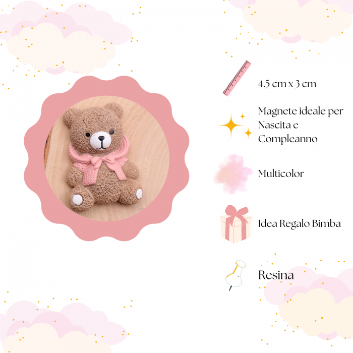 Bomboniere battesimo Bimba Orsetto Morbidoso su sacchetto Nascita di raso rosa - vialemagico
