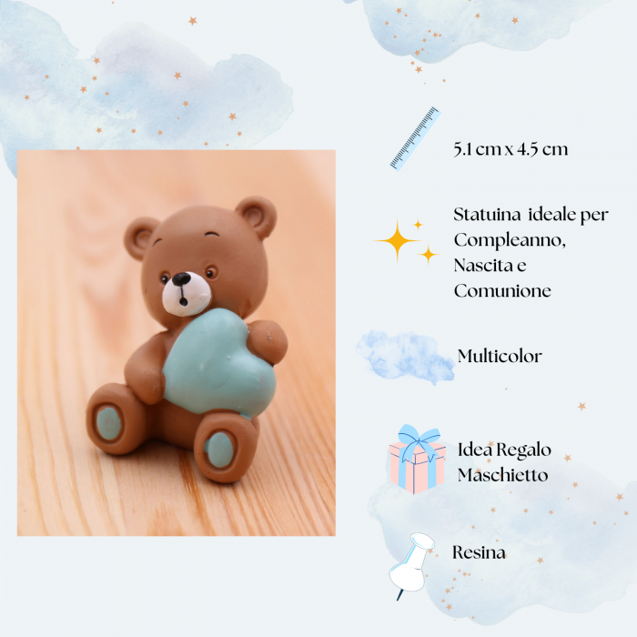 Dolce Orsetto con Cuore Azzurro Statuina Su Torta Bomboniera