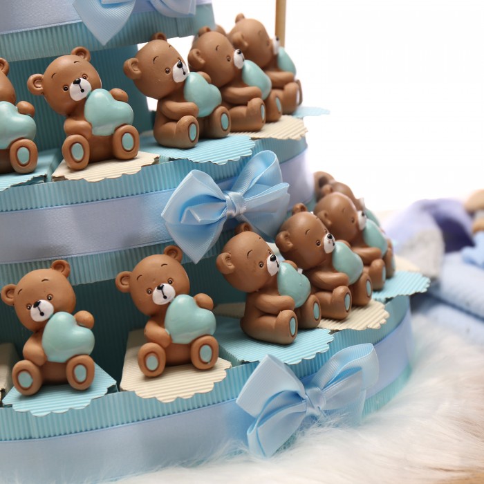 Dolce Orsetto con Cuore Azzurro Statuina Su Torta Bomboniera