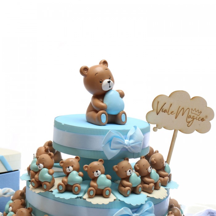 Dolce Orsetto con Cuore Azzurro Statuina Su Torta Bomboniera