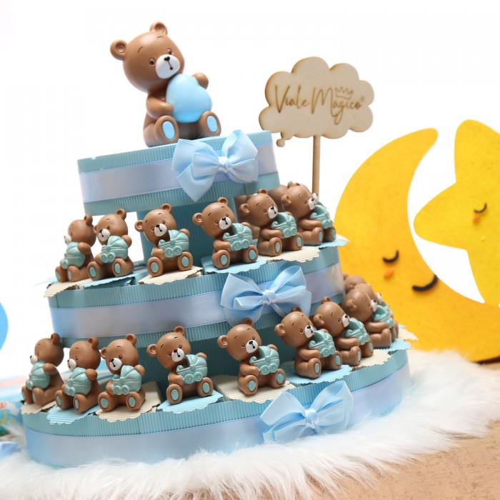 Orsetto con Passeggino Azzurro Dolce Statuina Su Torta Bomboniera