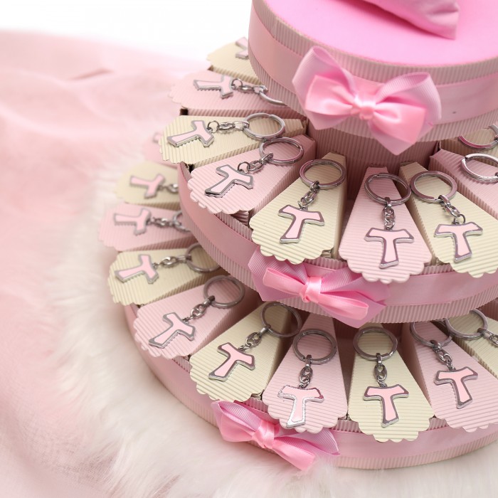 Bomboniera Portachiave Croce Tao Rosa su Torta