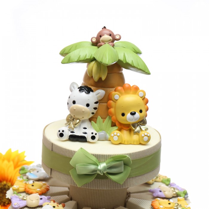 Torta Bomboniera Animaletti Safari con Papillon Oro Magnete