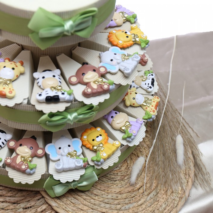 Torta Bomboniera Animaletti Safari con Papillon Oro Magnete