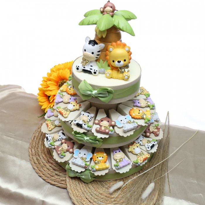 Torta Bomboniera Animaletti Safari con Papillon Oro Magnete