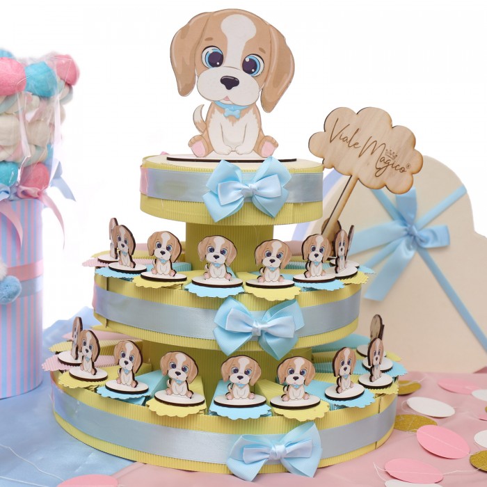 Baby Cagnolino con Papillon Blu Su Torta Bomboniera