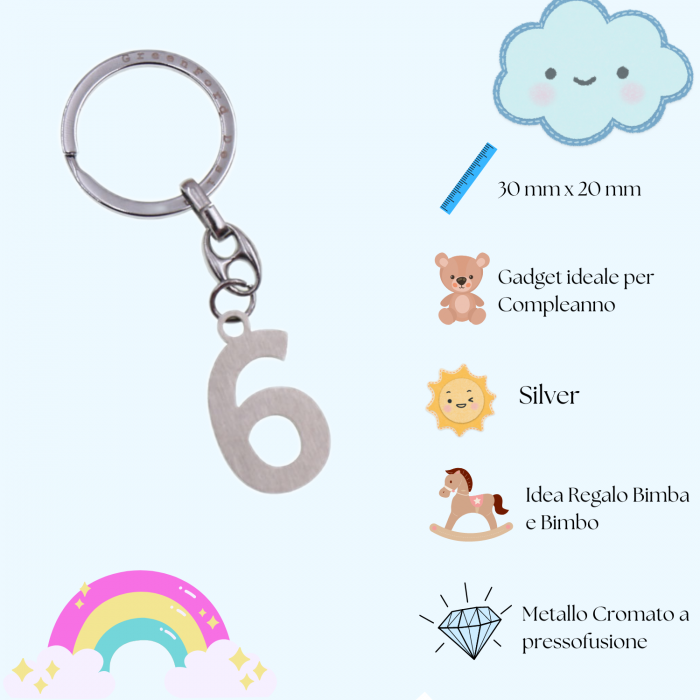 Numero 6 Portachiave Silver Idea Compleanno