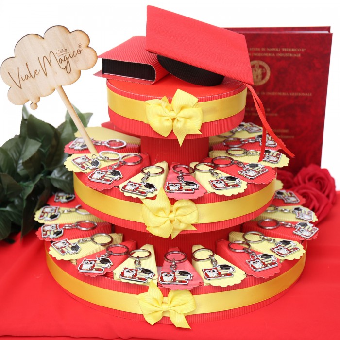 Torta Portafortuna Laurea Portachiave Gufetto Rosso, Tocco e Libri