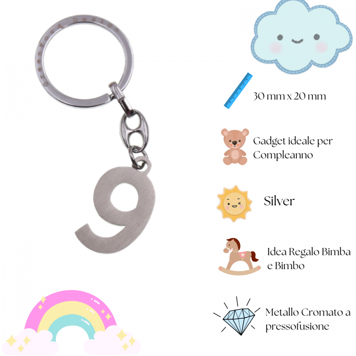 Numero 9 Portachiave Silver Idea Compleanno