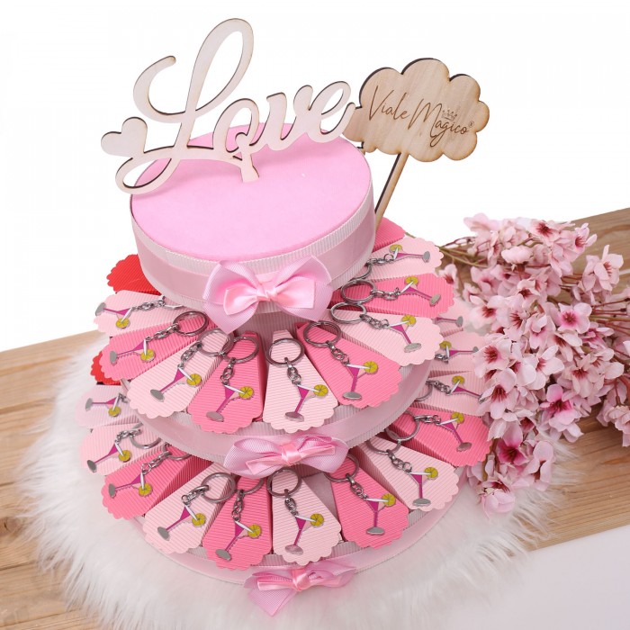 Bomboniere Compleanno Cocktail su Torta Portachiavi e Confetti