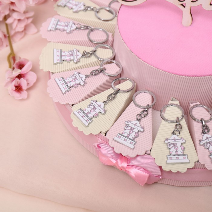 Torta Bomboniera Portachiave Nascita Baby Carillon Rosa Bimba