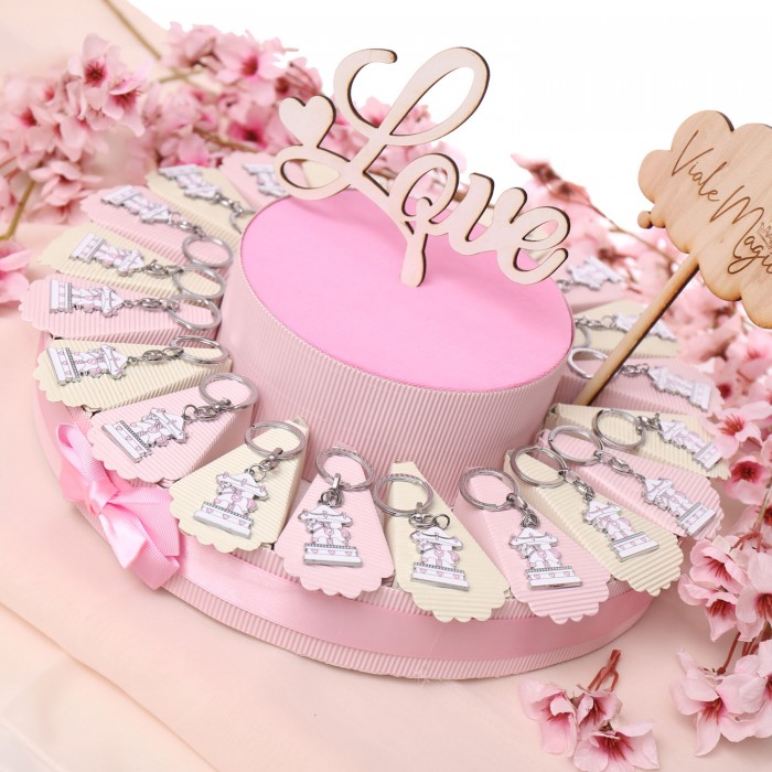 Torta Bomboniera Portachiave Nascita Baby Carillon Rosa Bimba