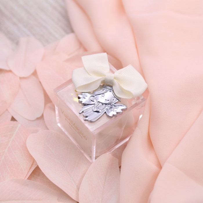 Portachiave Angioletto Silver Con Cuore in Rilievo Su Plexiglass