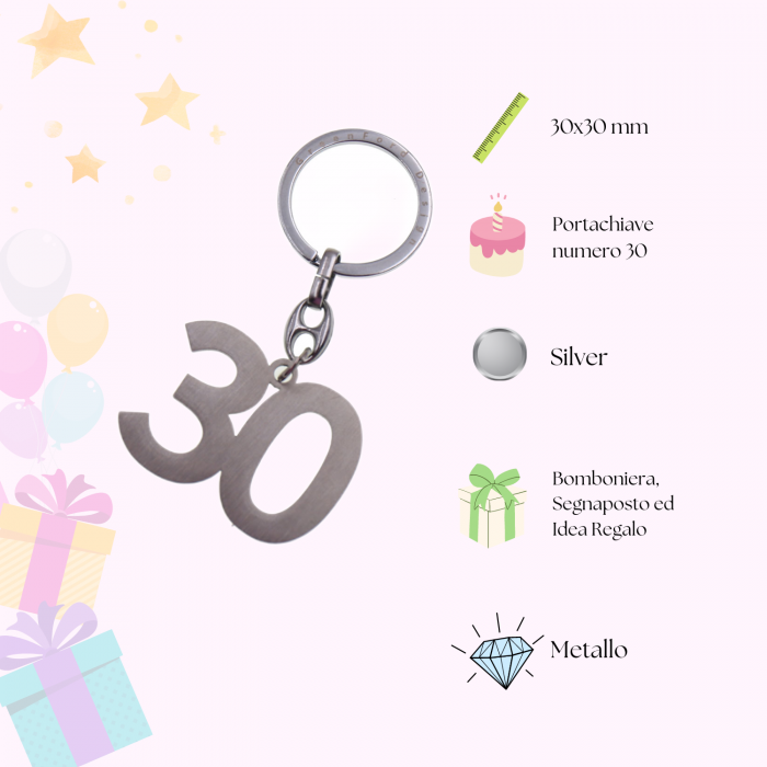Portachiave numero 30 Silver per Compleanno