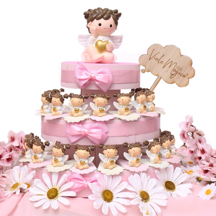 Torta bomboniera FATINE glitter rosa/tortora, battesimo, comunione