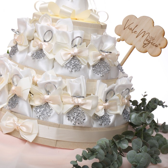 Bomboniere Portachiavi Albero della Vita Cuoricini Torta da 25 Sacchetti