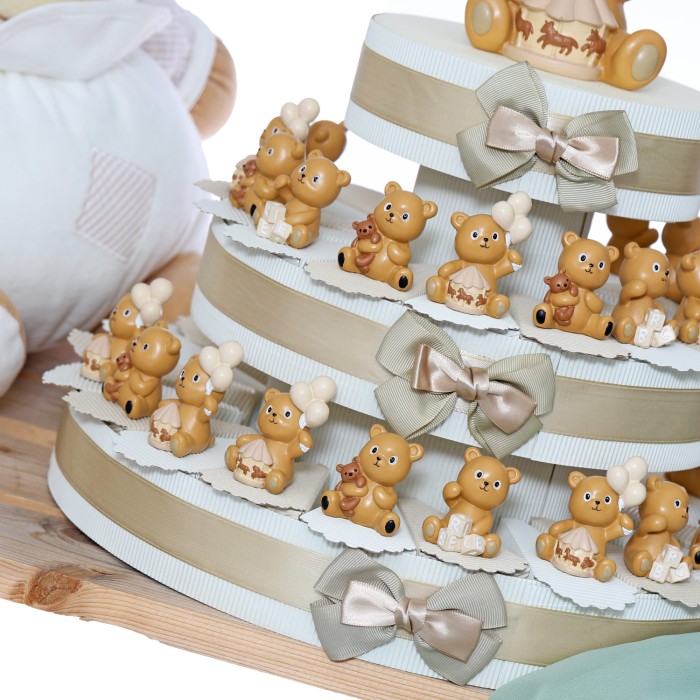 Bomboniere Battesimo statuina orsetto Teddy su torta portaconfetti www.vialemagico.it