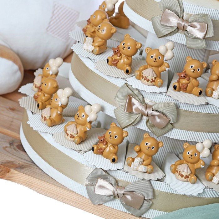 Bomboniere Battesimo statuina orsetto Teddy su torta portaconfetti per maschio e femmina