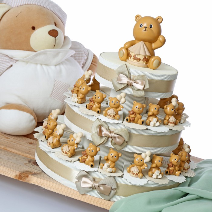 Viale Magico Bomboniere per Battesimo bambino e bambina con statuina orsetto Teddy su torta portaconfetti