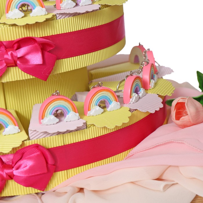 Prima Comunione bomboniere arcobaleno portachiavi su torta portaconfetti www.vialemagico.it