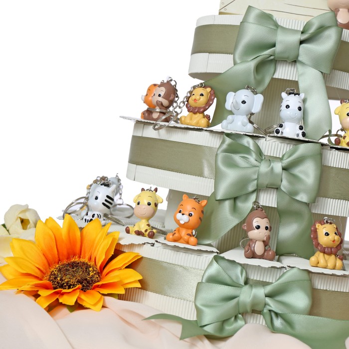 Bomboniere Battesimo su Torta portaconfetti baby Safari portachiavi www.vialemagico.it