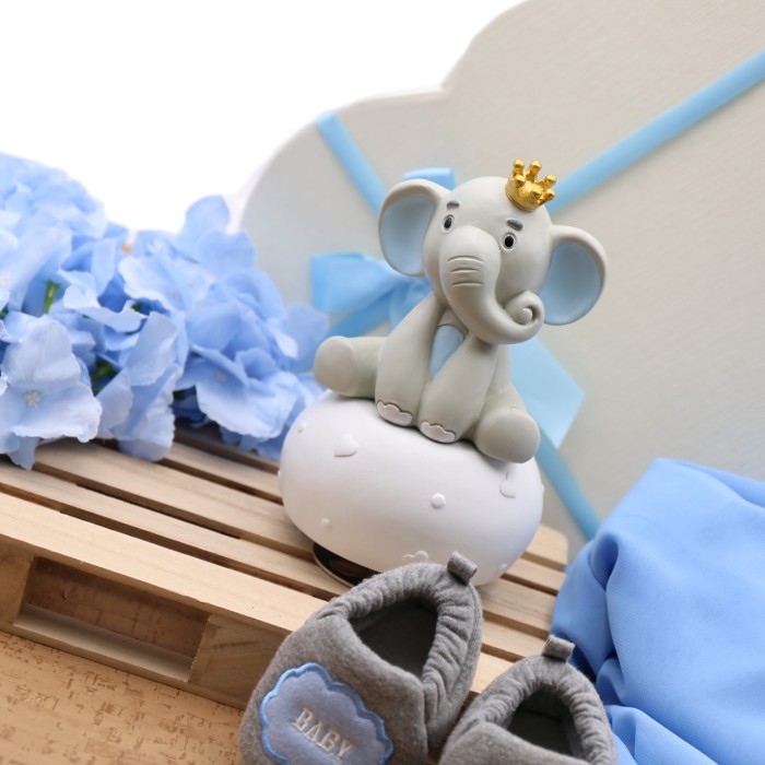 Elefantino maxi azzurro bomboniera carillon confezionata per Battesimo Bimbo www.vialemagico.it