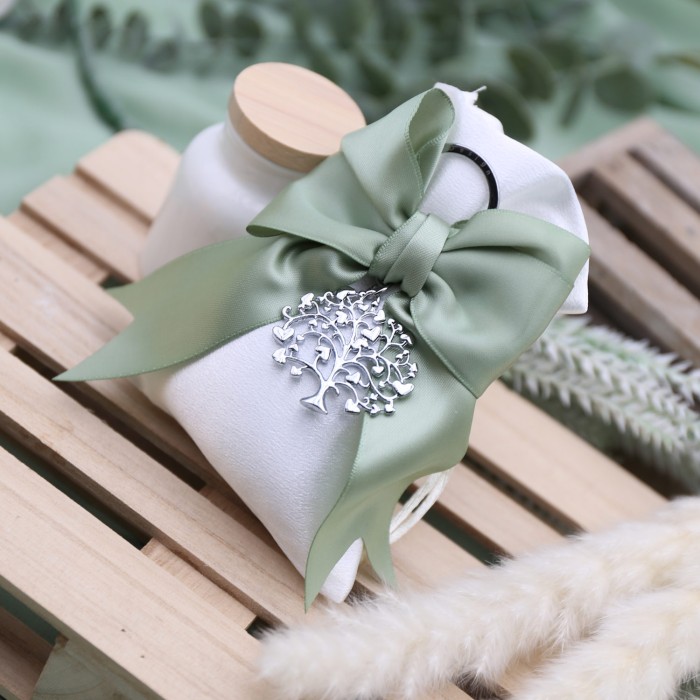 Portachiave Albero della Vita Cuori Acciaio su Sacchetto Confettata