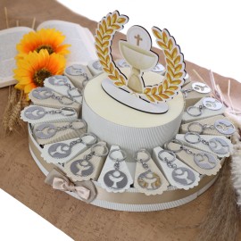 Torta Bomboniere Prima Comunione Bimbo e Bimba con Portachiavi Calice Traforato